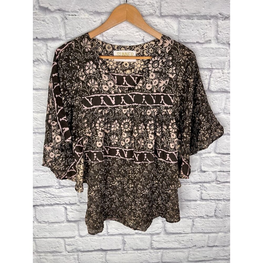 SUNNER Women's Brown Silk Dolman Floral Boho Blouse Size Small